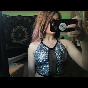 ravewithmigente holographic halter top